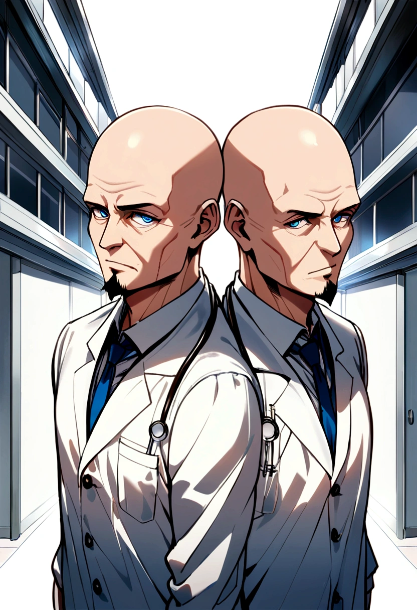 60 years old man, bald head, white hair, goatee, blue eyes, white blouse, doctor