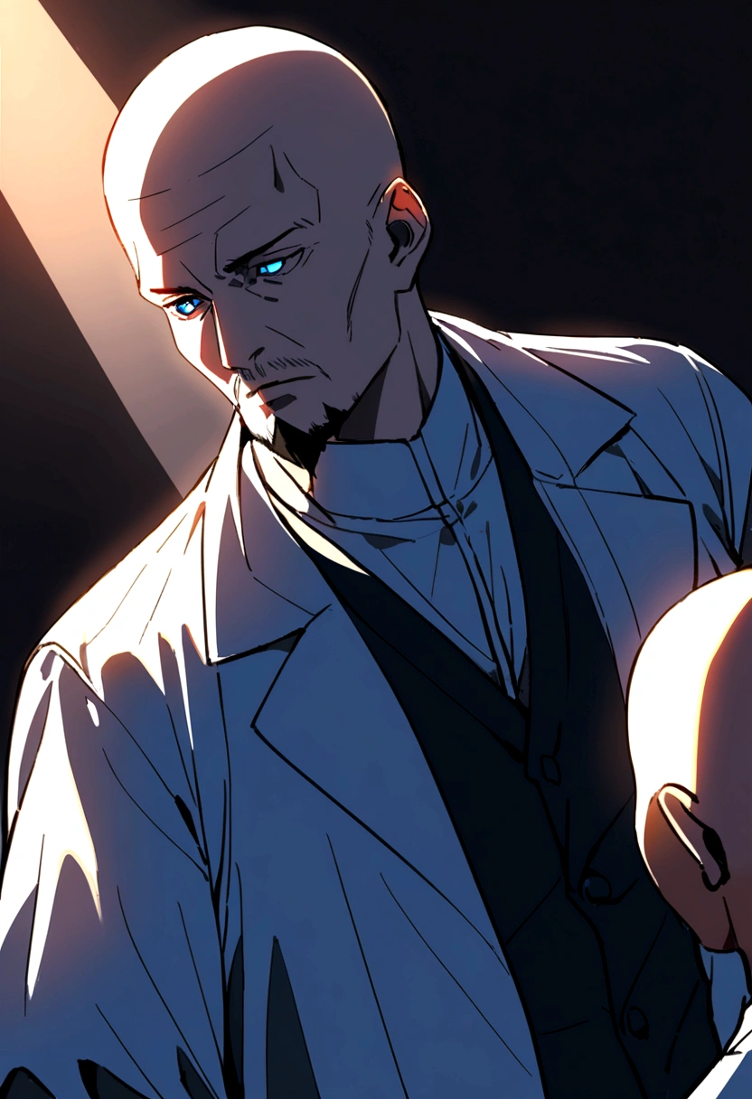60 years old man, bald head, white hair, goatee, blue eyes, white blouse, doctor
