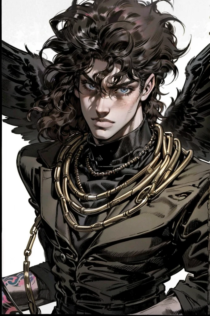 a solitary boy with golden curly hair covering his eyes, black turtleneck, tattoo, jewelry, black jacket, formal attire, male focus, necklace, eardrop, black angel wings, black chains, on a dark background, (best quality,4k,8k,highres,masterpiece:1.2),ultra-detailed,(realistic,photorealistic,photo-realistic:1.37),dramatic lighting,cinematic,moody,dark,gritty,edgy,modern