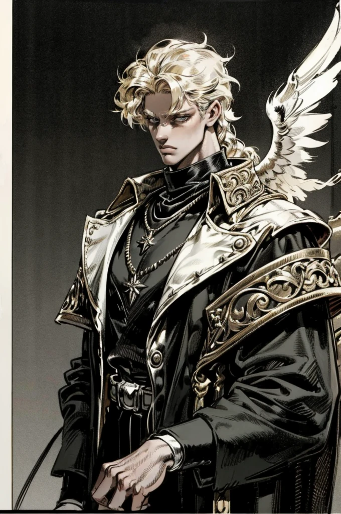 a solitary boy with golden curly hair covering his eyes, black turtleneck, tattoo, jewelry, black jacket, formal attire, male focus, necklace, eardrop, black angel wings, black chains, on a dark background, (best quality,4k,8k,highres,masterpiece:1.2),ultra-detailed,(realistic,photorealistic,photo-realistic:1.37),dramatic lighting,cinematic,moody,dark,gritty,edgy,modern