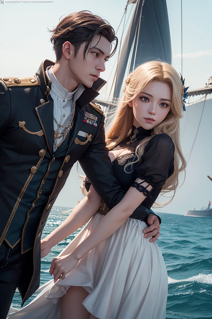 Create an image of the character Valir from the mobile legends bangbang game together with the character Vale from the mobile legends bangbang game on the edge of a ship recreating the Jack and Rose scene from Titanic
