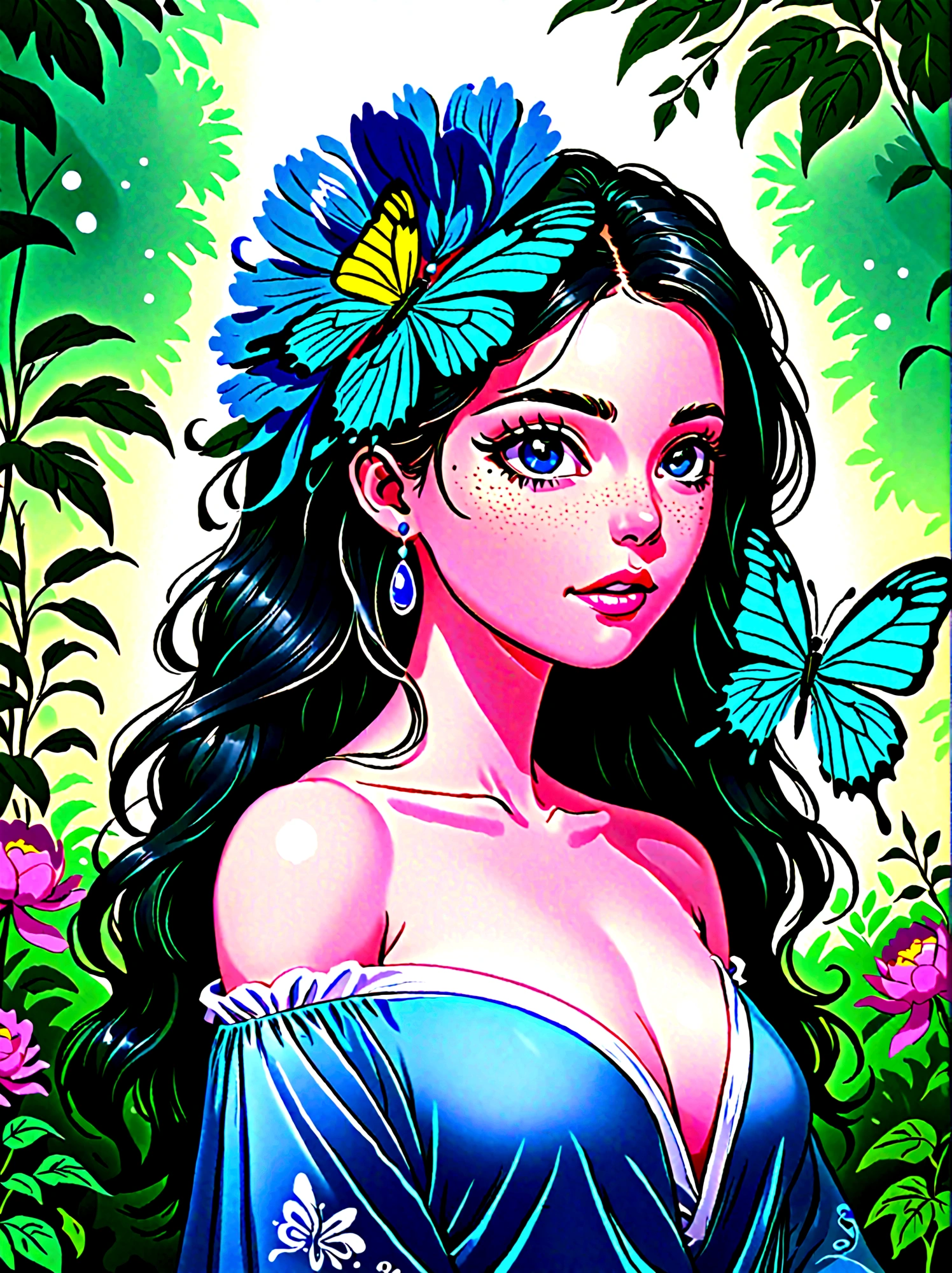 (masterpiece，best quality:1.2，lifelike:1.4)，cartoon character，Vector illustration，(1 girl，Half Body)，Exquisite facial features，Draw the eyes in detail，eyelash，blush，Long hair，Exquisite makeup，The pearls on her head are beautiful，blue华丽的汉服，Garden background blurred，Succinct，Glowing Butterfly，blue，Giant peony flower, 1kexx1