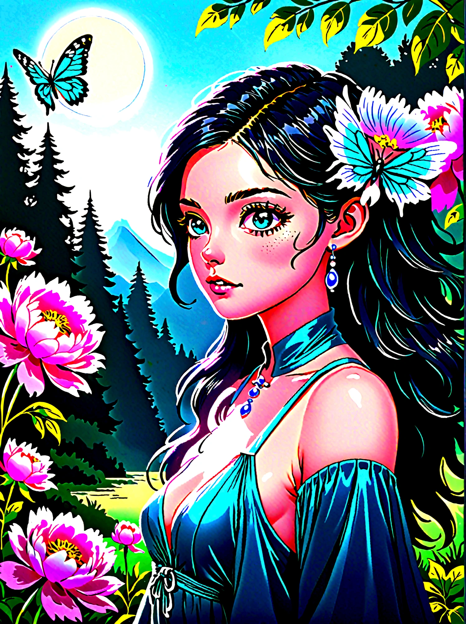 (masterpiece，best quality:1.2，lifelike:1.4)，cartoon character，Vector illustration，(1 girl，Half Body)，Exquisite facial features，Draw the eyes in detail，eyelash，blush，Long hair，Exquisite makeup，The pearls on her head are beautiful，blue华丽的汉服，Garden background blurred，Succinct，Glowing Butterfly，blue，Giant peony flower, 1kexx1