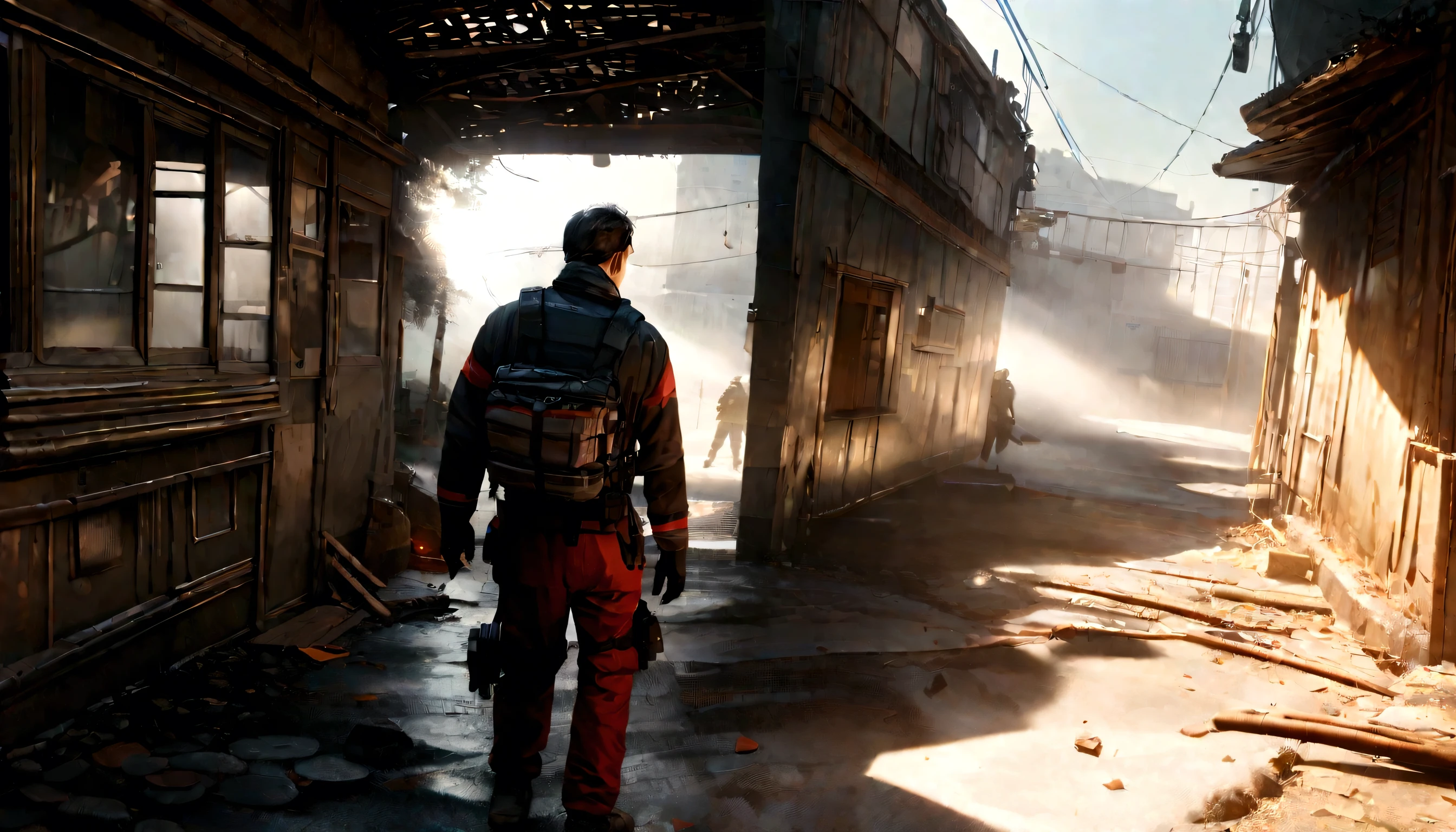 True, realistic, cinematic quality, super detail, super quality, super hd, real photography, evacuation simulation, sunshine, fog, inside building