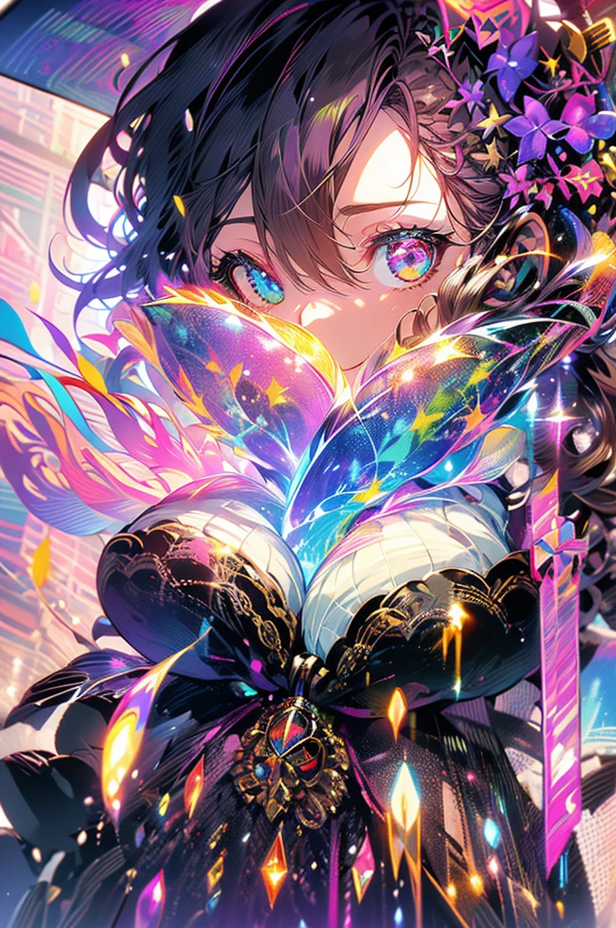 cheerful boy with open forehead. dark purple hair braided in a ponytail on the left side to one side. sinuous black horns wrapped in dark purple ribbon. pale violet eyes. in short dark purple shorts. long white T-shirt. dark purple knee-high socks. a white long robe with a hood flutters in the wind. black ancient stone walls of the castle purple light from lamps with gold ornaments, heterochromia, long curly hair, pale skin, I look at the viewer, closed mouth, bright smile, Beautiful, extremely detailed eye, close-up, upper body,, Absolutely amazing art, extremely detailed, Digital art of the highest quality,