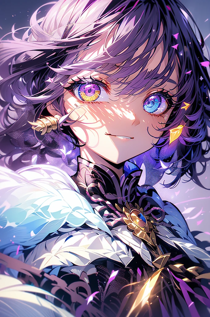 cheerful boy with open forehead. dark purple hair braided in a ponytail on the left side to one side. sinuous black horns wrapped in dark purple ribbon. pale violet eyes. in short dark purple shorts. long white T-shirt. dark purple knee-high socks. a white long robe with a hood flutters in the wind. black ancient stone walls of the castle purple light from lamps with gold ornaments, heterochromia, long curly hair, pale skin, I look at the viewer, closed mouth, bright smile, Beautiful, extremely detailed eye, close-up, upper body,, Absolutely amazing art, extremely detailed, Digital art of the highest quality,