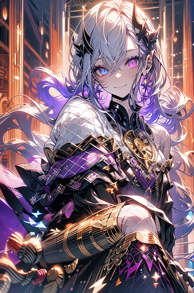 cheerful boy with open forehead. dark purple hair braided in a ponytail on the left side to one side. sinuous black horns wrapped in dark purple ribbon. pale violet eyes. in short dark purple shorts. long white T-shirt. dark purple knee-high socks. a white long robe with a hood flutters in the wind. black ancient stone walls of the castle purple light from lamps with gold ornaments, heterochromia, long curly hair, pale skin, I look at the viewer, closed mouth, bright smile, Beautiful, extremely detailed eye, close-up, upper body,, Absolutely amazing art, extremely detailed, Digital art of the highest quality,