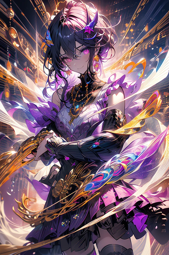 cheerful boy with open forehead. dark purple hair braided in a ponytail on the left side to one side. sinuous black horns wrapped in dark purple ribbon. pale violet eyes. in short dark purple shorts. long white T-shirt. dark purple knee-high socks. a white long robe with a hood flutters in the wind. black ancient stone walls of the castle purple light from lamps with gold ornaments, heterochromia, long curly hair, pale skin, I look at the viewer, closed mouth, bright smile, Beautiful, extremely detailed eye, close-up, upper body,, Absolutely amazing art, extremely detailed, Digital art of the highest quality,