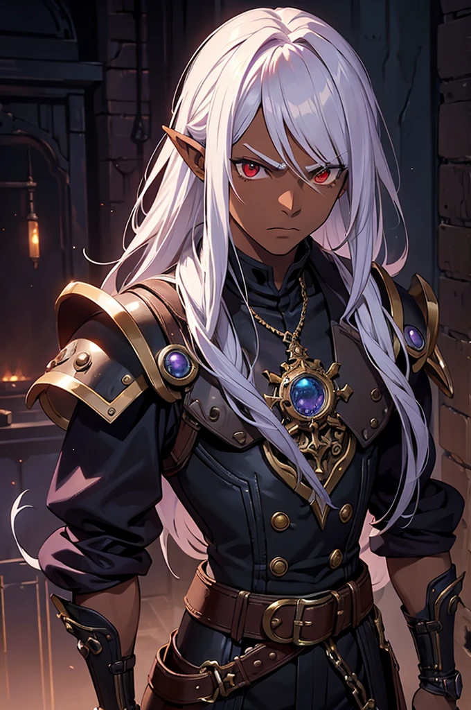 ((best quality)), ((masterpiece)), (detailed), ((boy)), ((mix between dungeonpunk and steampunk)), (serious), fantasy illustration dark skinned, human, upper body, portrait, red eyes, long white hair, wearing armor, Xemnas from Kingdom Hearts, half-drow, pointy ears, serious face, dramatic lighting, purple hue, art by Kinema Citrus and Tetsuya Nomura