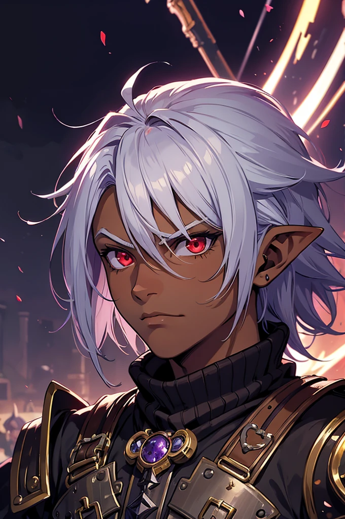 ((best quality)), ((masterpiece)), (detailed), ((boy)), ((mix between dungeonpunk and steampunk)), (serious), fantasy illustration dark skinned, human, upper body, portrait, red eyes, long white hair, wearing armor, Xemnas from Kingdom Hearts, half-drow, pointy ears, serious face, dramatic lighting, purple hue, art by Kinema Citrus and Tetsuya Nomura