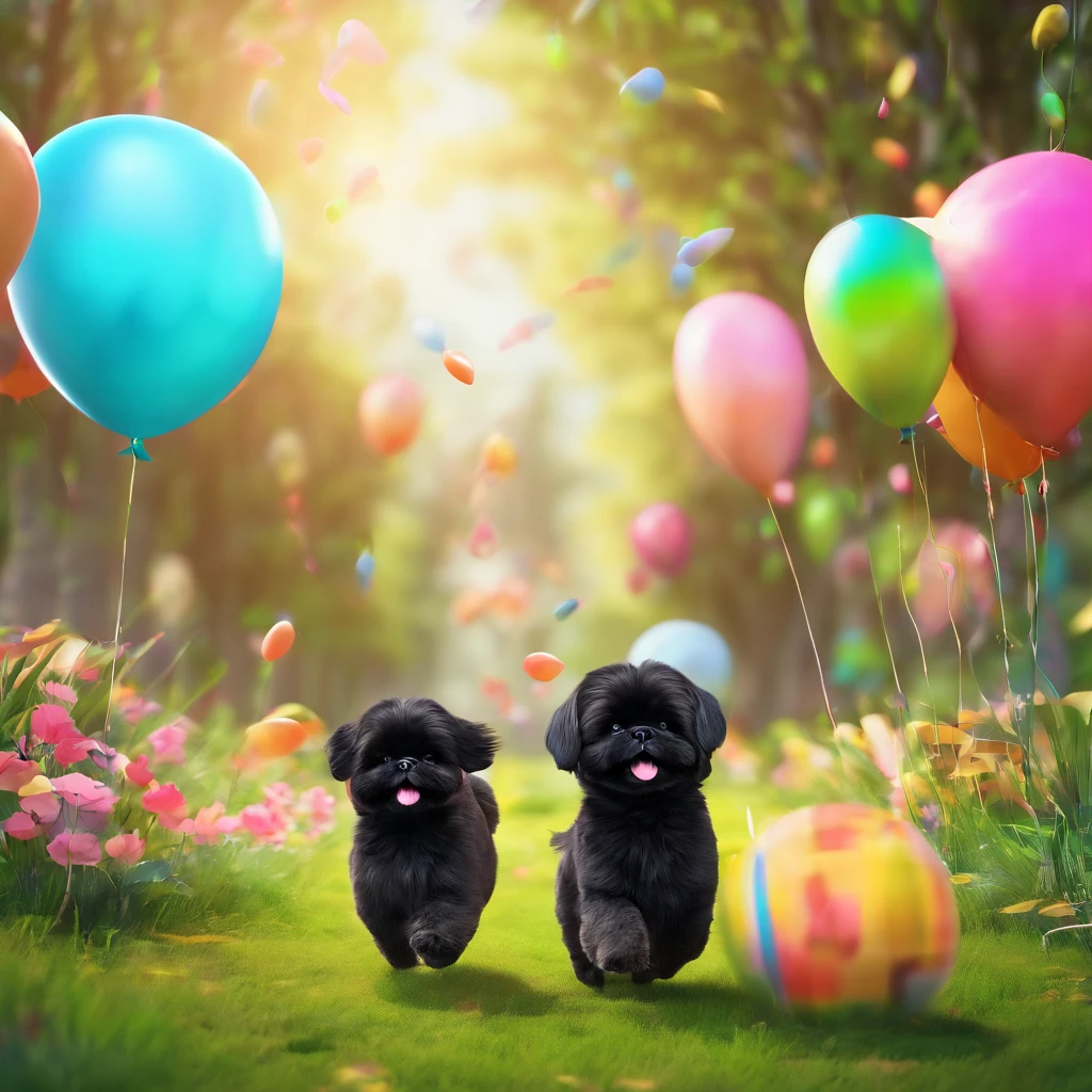 2 adorable small black shih tzu puppies, wearing bright bandanas and sunglasses, painting and making a mess, disney background, 3d cartoon, 3d render, disney pixar style, intricate details, soft lighting, vibrant colors, whimsical, photorealistic, 8k, best quality