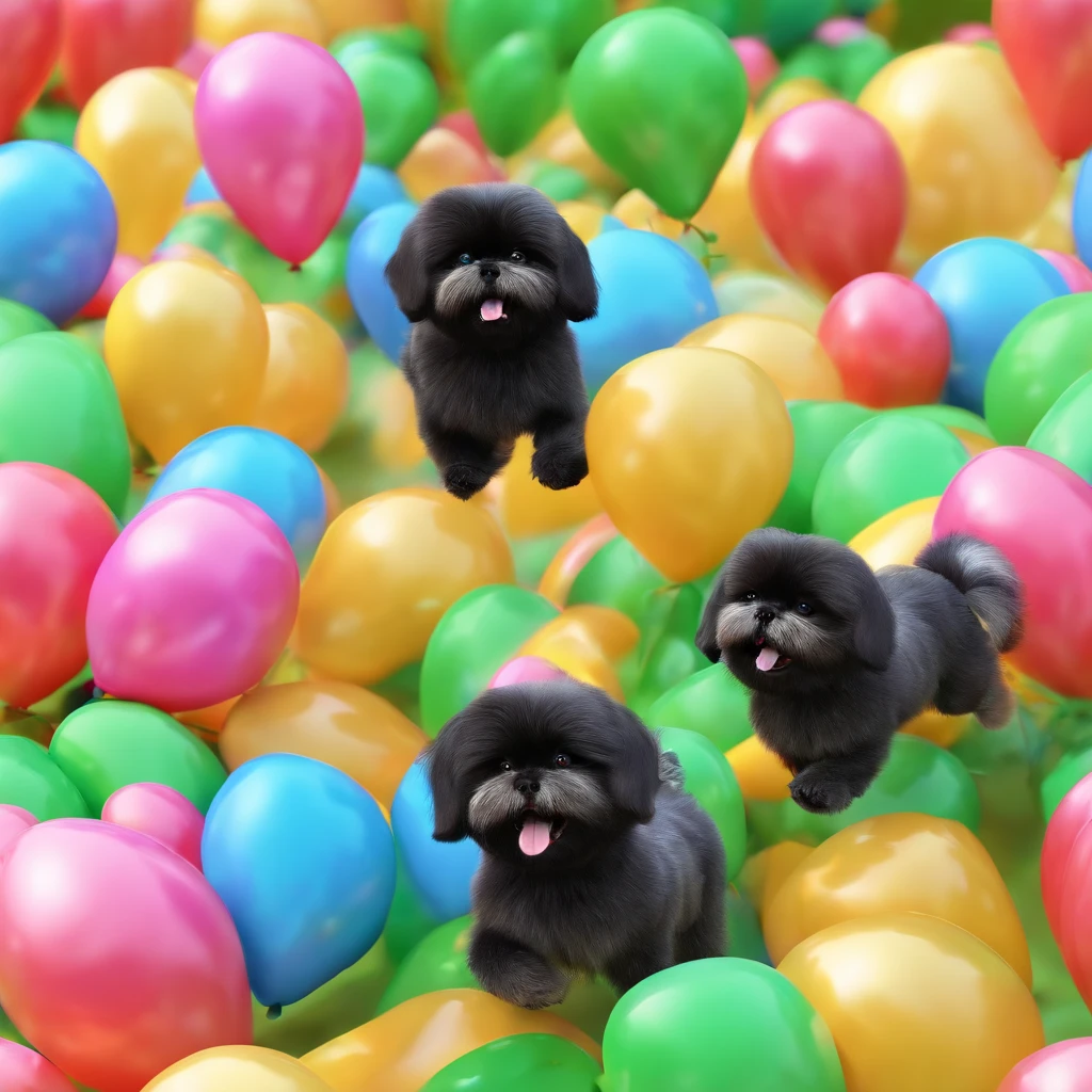 2 adorable black shih tzus chasing bunnies at park with bubbles and balloons in back ground