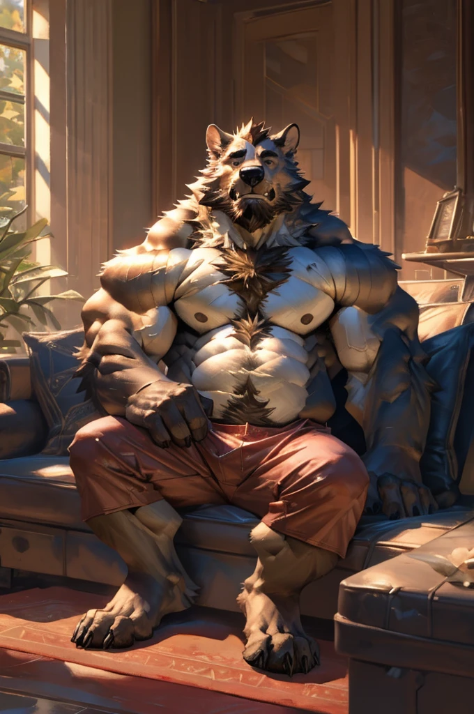 Bara, Solo, by Taran Fiddler, muscular male, mature age, middle-aged, furry male, canine, white fur, beard, , red boxers, pillow over lap, sitting on couch, living room, detailed, detailed face, handsome face