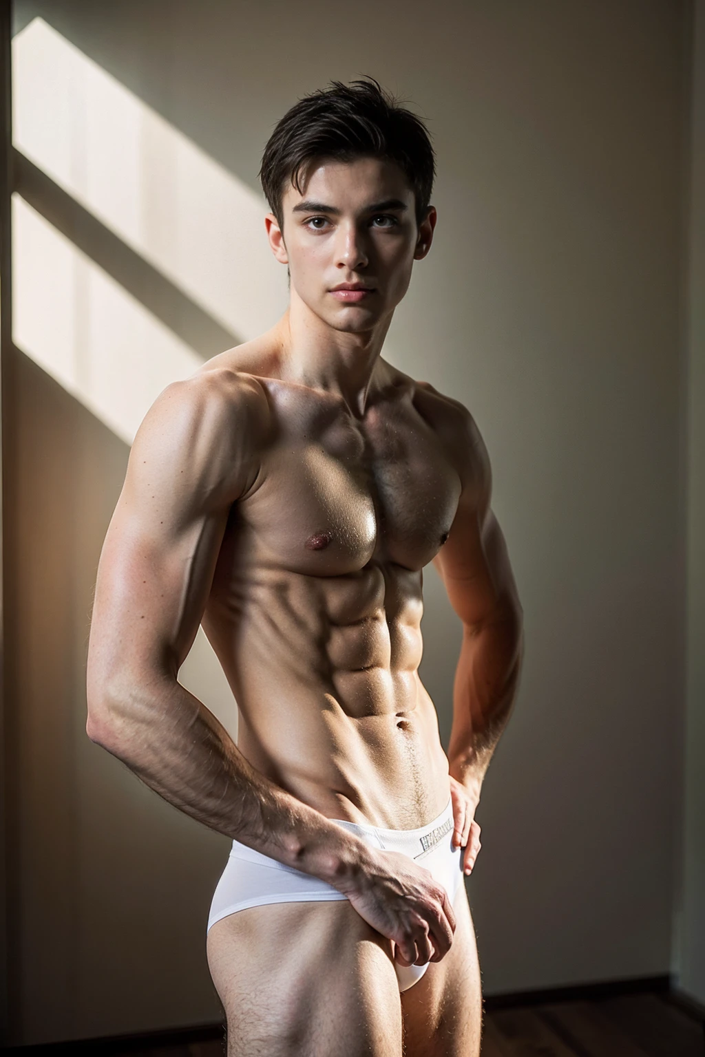 Masterpiece, Best quality, Solo,European Man,white wall background, skinny boy body, muscle body,sport body, big muscle, Handsome face,Black Hair Color,Natural eyes, athletic physique, slender, no body hair, He was wearing tight White Calvin Klein underwear and curved legs., perfect , male , correct male scrotum, perfect scrotum, male structure, short detailed hair, Sexy guy, looking at viewer, standing,highest detail, superior quality, natural lighting, beautiful, sexy, correct anatomy, good composition, man focus,amazing composition, front view, HDR, volumetric lighting, ultra quality, elegant,vpl,the middle of the picture