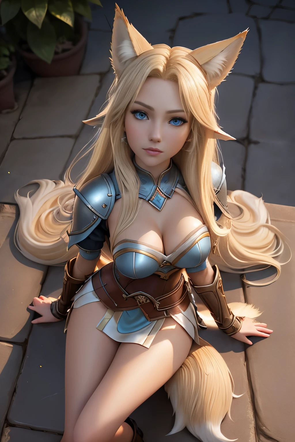 Beautiful 1girl, full body, ager, solo, (very long waist length blonde hair, straight blonde hair: 1.28), ((light blue eyes)), clear skin, (large darker fox ears: 1.35), pale skin, medium breasts, cleavage, (thin hips, thin waist , athletic body: 1.25), background, looking away, ((wearing leather Warcraft leather armor, leather warrior skirt: 1.1), looking at viewer, (sitting, looking up at viewer: 1.22),), on castle rooftop, masterpiece, best quality,3d rending work ,3DMM style, close-up, portrait, 3D,
