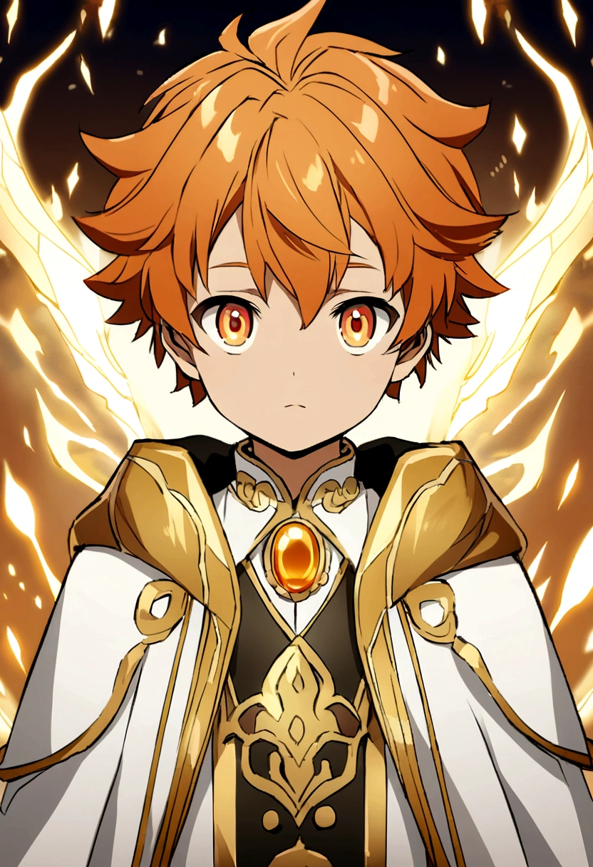 Create an anime image of a 12-year-old boy with curly, orange hair, light skin and hazel eyes