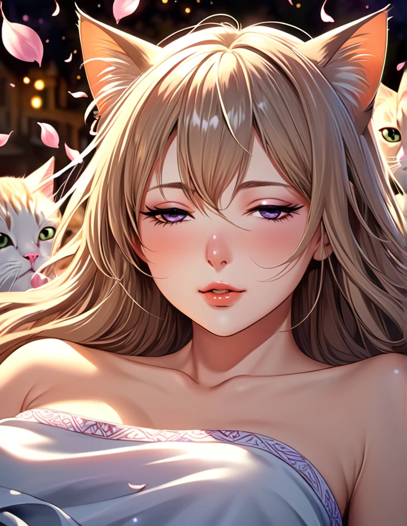 (Harem Manga style:1.2) , Hallucination, daydream , nightmare , Insane Dream , bokeh , erotica , romance ,  nudity girl and realistic cat , Petals fluttering down , (Single eyelids, round nose, swollen cheeks) , glossy lips , Collarbone , Hair blowing in the wind , Goddess of lust , lying back , (hide private parts by many cats:1.5) , (close up cat:1.1) , spread legs