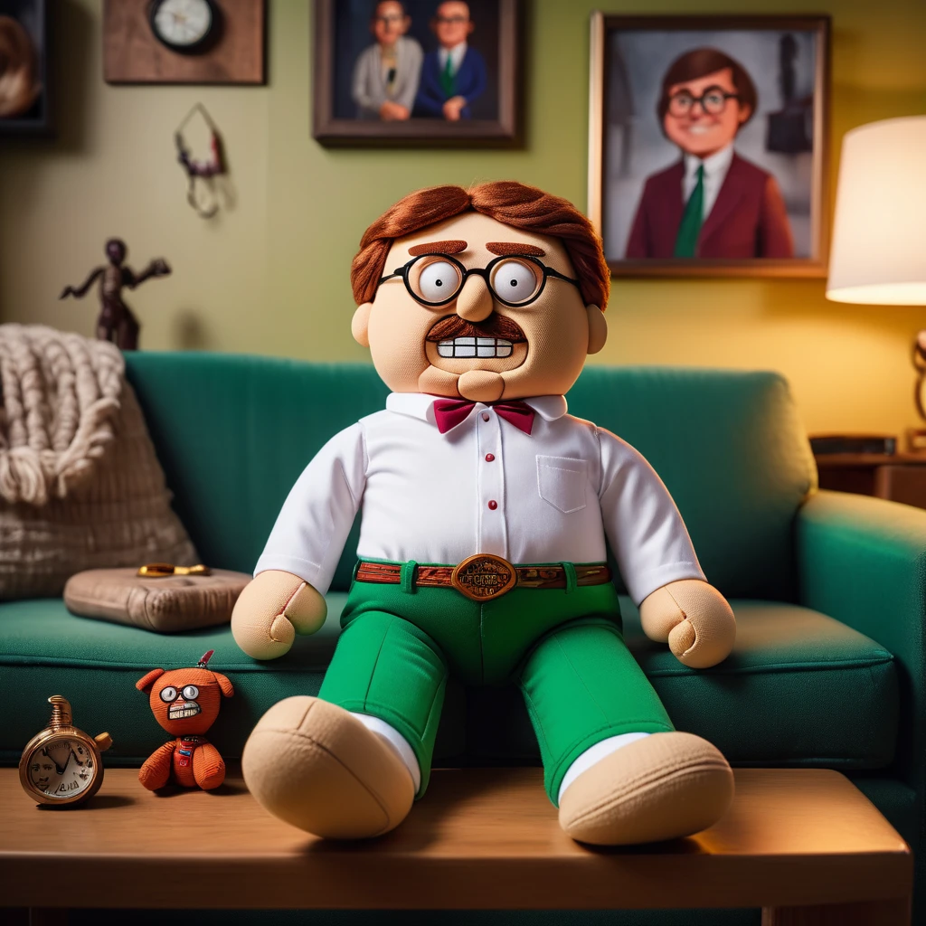 (knitted toy voodoo doll:1.6), (Voodoo Peter Griffin:1.3), (Clothes white shirt, green pants, round glasses:1.2), silly smile, (in the background a living room with a sofa, TV and family photos:1.2), best quality, masterpiece, detailed soft oil painting, detailed background, dramatic cinematic lighting, soft edge lighting, professional, dramatic lighting, hard edge lighting, ultra quality, 4k,masterpiece, best quality, 8k, ultra highres, highres, extremely detailed