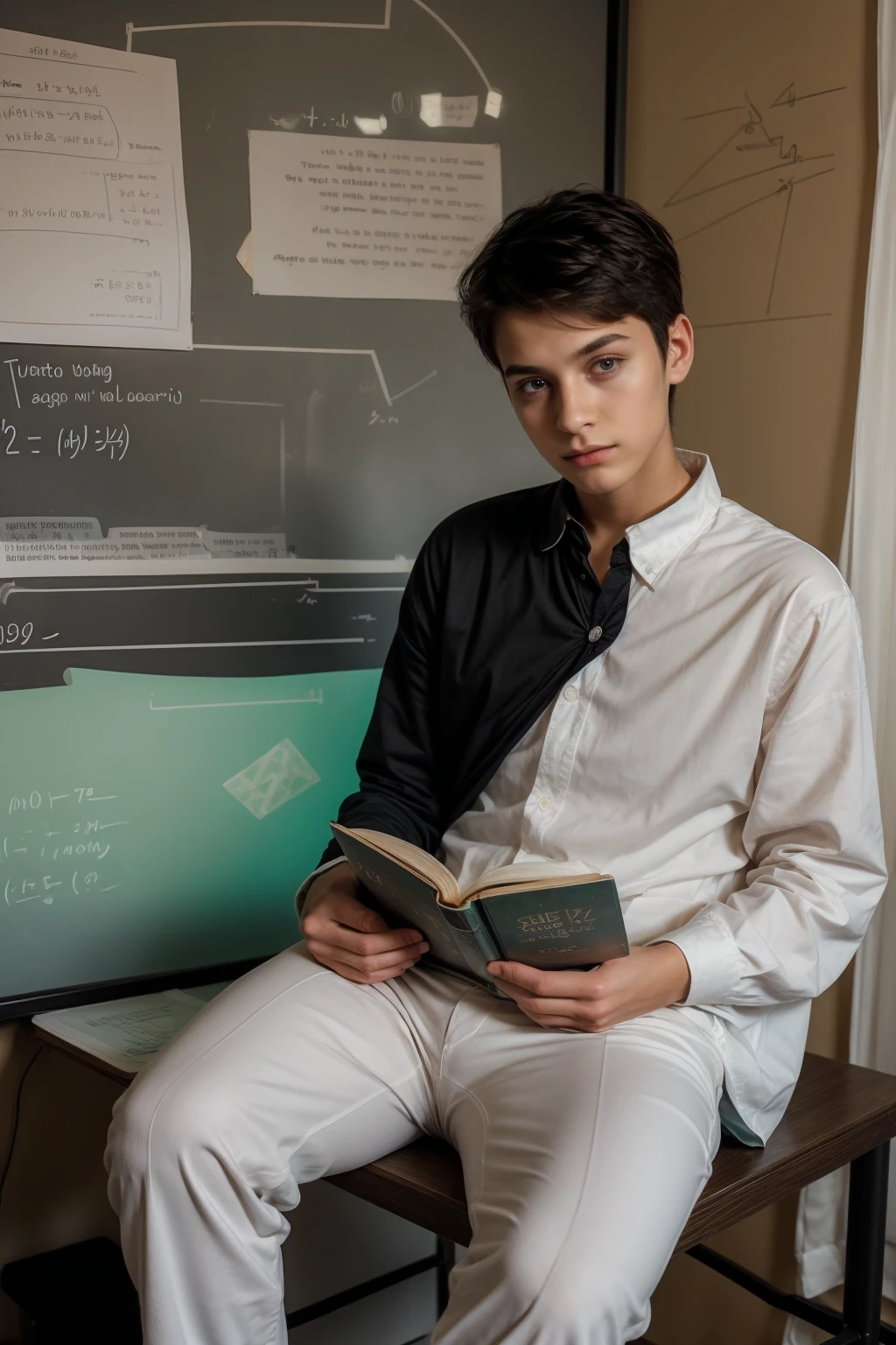 A beautiful young male twink with dark circles under his eyes. He has black hair and a face with makeup. He is wearing a long-sleeved aquamarine shirt and bright white pants. He is in his office, sitting at a study desk, reading a huge book. Behind him is a blackboard with calculus written on it.  And mathematical equations, and radiating neon energy comes out of the blackboard.