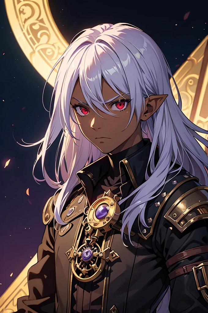 ((best quality)), ((masterpiece)), (detailed), ((boy)), ((mix between dungeonpunk and steampunk)), (serious), fantasy illustration dark skinned, human, upper body, portrait, red eyes, long white hair, wearing armor, Xemnas from Kingdom Hearts, half-drow, pointy ears, serious face, dramatic lighting, purple hue, art by Kinema Citrus and Tetsuya Nomura