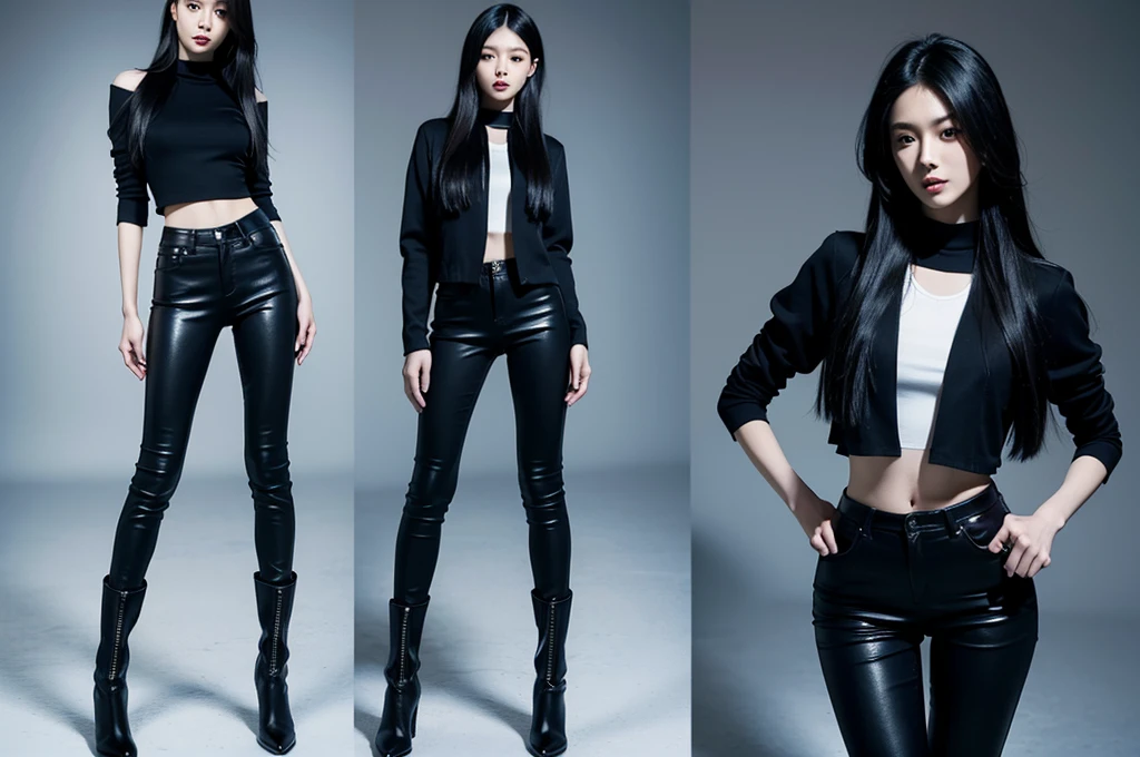 There is a slim, long-legged model. Asian woman in her 20s. Has black and long hair. A very beautiful face beauty. She is wearing skinny pants, knee-high boots. Skinny pants are blue in color, and boots are black. It should be created like a realistic picture of high quality.