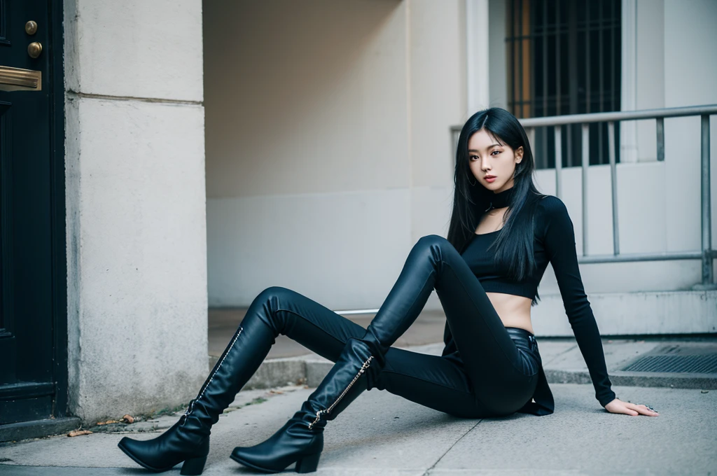 There is a slim, long-legged model. Asian woman in her 20s. Has black and long hair. A very beautiful face beauty. She is wearing skinny pants, knee-high boots. Skinny pants are blue in color, and boots are black. It should be created like a realistic picture of high quality.