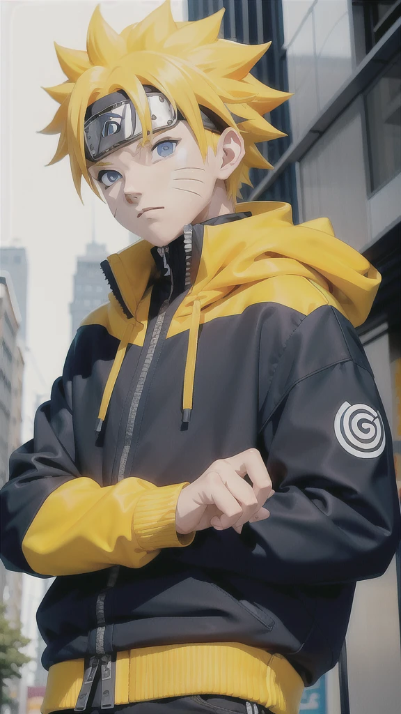 Masterpiece, 1boy, Superb Style, streetwear Supreme chothes, Outdoor, Upper Body, Uzumaki Naruto, blue eyes, yellow hair, cool boy
