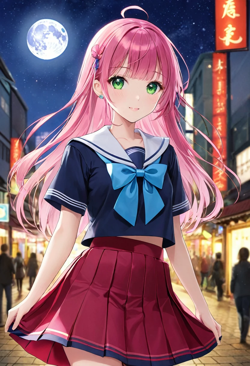(((Masterpiece: 1.5, Best Quality, High Resolution: 1.3, Super Resolution, Super Detail, Super Detail: 1.3, Rich Background: 1.2))), 1 Girl, Solo, Green Eyes, Long Pink Hair with Blue Ribbon, Blunt Bangs, Cute Hairpin, , White Serafon, Red Sailor Collar, Short Sleeves, Blue Pleated Skirt, (Outdoor), ((Downtown), (Crowd), ((Japanese Vibe: 1.3)), Landscape, ((Night)), Darkness, (Low Light: 1.1), Moon, (Moonlight: 1.2), ((Dynamic Light: 1.4)), ((Head Close-up))))))