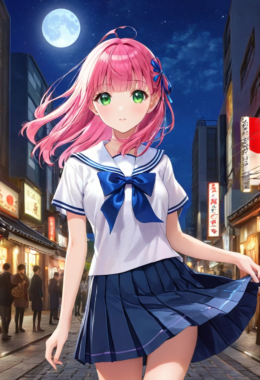 (((Masterpiece: 1.5, Best Quality, High Resolution: 1.3, Super Resolution, Super Detail, Super Detail: 1.3, Rich Background: 1.2))), 1 Girl, Solo, Green Eyes, Long Pink Hair with Blue Ribbon, Blunt Bangs, Cute Hairpin, , White Serafon, Red Sailor Collar, Short Sleeves, Blue Pleated Skirt, (Outdoor), ((Downtown), (Crowd), ((Japanese Vibe: 1.3)), Landscape, ((Night)), Darkness, (Low Light: 1.1), Moon, (Moonlight: 1.2), ((Dynamic Light: 1.4)), ((Head Close-up))))))