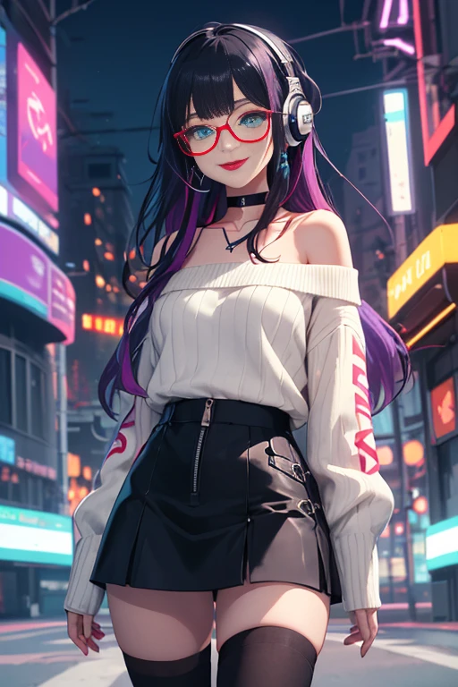 (Best quality, Ultra detailed, Masterpiece:1.2), 1girl, perfect face, female, gamer girl, (aqua eyes), (cherry-red lips), light smile, long black hair, purple streaked hair, purple highlights, bangs, choker, nerdy glasses, wearing headphones, white off-shoulder sweater, black skirt, thigh-highs, nighttime, neon lights in the background, colorful lights