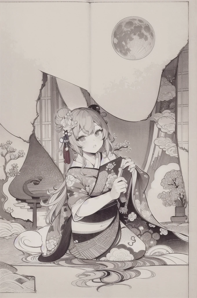 best quality, masterpiece, photo, 4K, photorealistic, highly detailed, huge moon in the background, black and white, closeup, Create a realistic ukiyo-e illustration of a cute girl in a kimono that conveys Japanese culture in various poses with a Japanese garden in the background, using a simple monochrome coloring book that even children can do.
