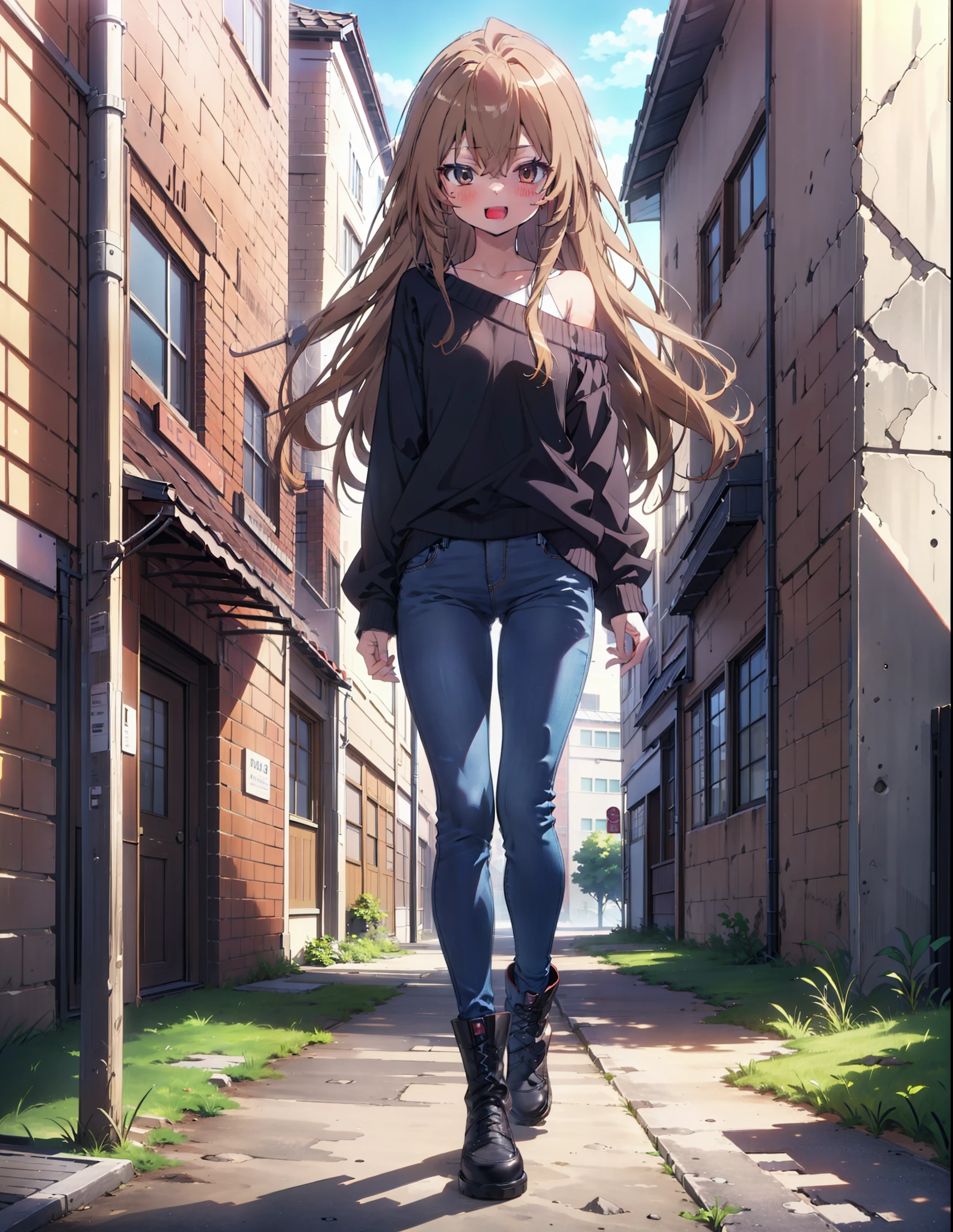 Taiga Aisaka, taiga aisaka, Long Hair, Brown Hair, Brown eyes,happy smile, smile, Open your mouth,One-shoulder sweater,Skinny jeans,short boots,Daytime,Clear skies,Walking,whole bodyがイラストに入るように,
break outdoors, Building district,
break looking at viewer, whole body,
break (masterpiece:1.2), Highest quality, High resolution, unity 8k wallpaper, (shape:0.8), (Beautiful attention to detail:1.6), Highly detailed face, Perfect lighting, Extremely detailed CG, (Perfect hands, Perfect Anatomy),