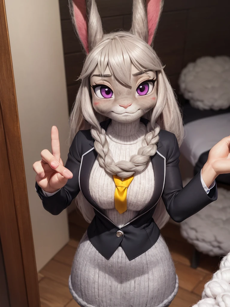 best quality, masterpiece, 3D anime, (((solo))), (((1girl))), ((Face is JudyHopps)), (long ears like a rabbit:0.8), Heir is beige bobheir style, Body is human lady, mini skirt suit, (two-piece suit:0.5), office business suit stlye, (the suit is made of wool:1.4), suit color is {gray stripe, red, yellow, green, white, black}, ((skin is silver with fluffy and fluffy)), (high-angle view), sideways glance, In the background there is a secret room, ((She is making that shy finger touching pose, blushing in the cheeks)), (((She is staring downward, appearing downcast, She is gazing downward with a downcast expression)))