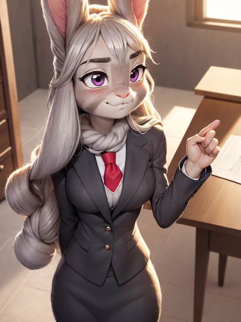 best quality, masterpiece, 3D anime, (((solo))), (((1girl))),  ((Face is JudyHopps)), (long ears like a rabbit:0.8), Heir is beige bobheir style, Body is human lady, mini skirt suit, (two-piece suit:0.5), office business suit stlye, (the suit is made of wool:1.4), suit color is {gray stripe, red, yellow, green, white, black}, ((skin is silver with fluffy and fluffy)), (high-angle view), sideways glance, In the background there is a secret room, ((She is making that shy finger touching pose, blushing in the cheeks)), (((She is staring downward, appearing downcast, She is gazing downward with a downcast expression)))