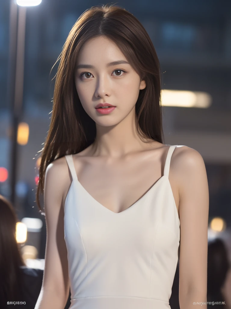 ((Realistic lighting, best quality, 8K, masterpiece: 1.3)), Key Points: 1.2, 1 girl, Perfect body: 1.4, Slim abdominal muscles: 1.1, ((Dark brown hair)), (White Dress: 1.4), (outdoor, night: 1.1), City Streets, Very delicate face, Beautiful eyes, Double eyelids,