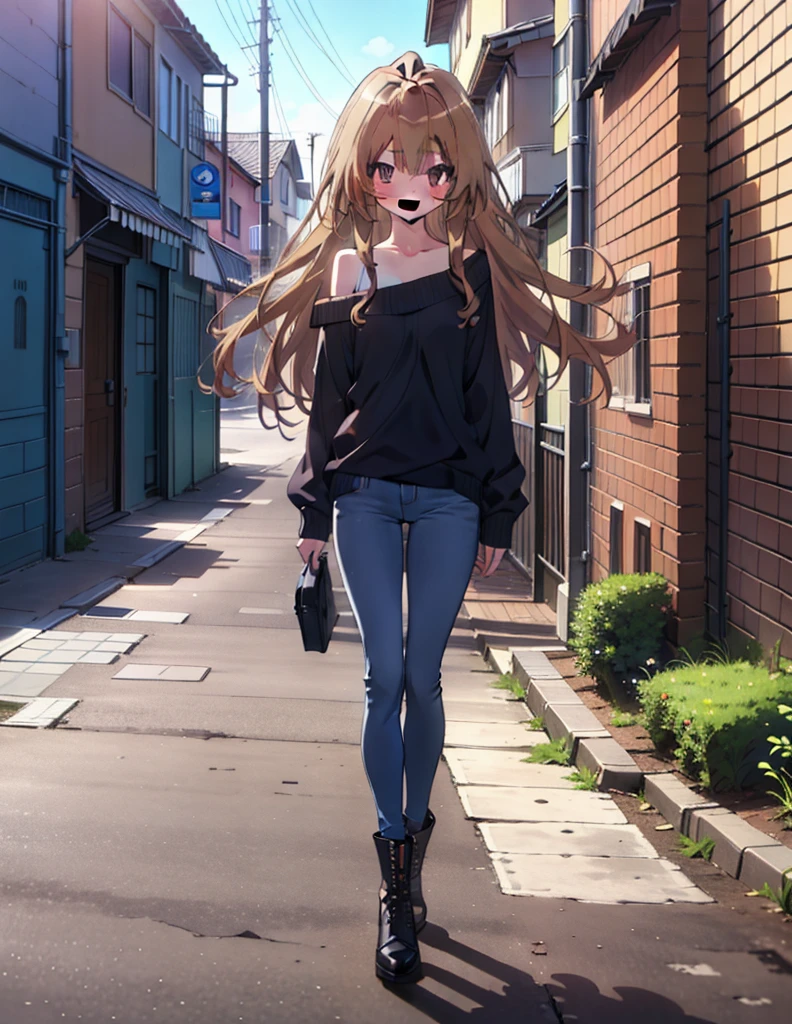 Taiga Aisaka, taiga aisaka, Long Hair, Brown Hair, Brown eyes,happy smile, smile, Open your mouth,One-shoulder sweater,Skinny jeans,short boots,Daytime,Clear skies,Walking,whole bodyがイラストに入るように,
break outdoors, Building district,
break looking at viewer, whole body,
break (masterpiece:1.2), Highest quality, High resolution, unity 8k wallpaper, (shape:0.8), (Beautiful attention to detail:1.6), Highly detailed face, Perfect lighting, Extremely detailed CG, (Perfect hands, Perfect Anatomy),