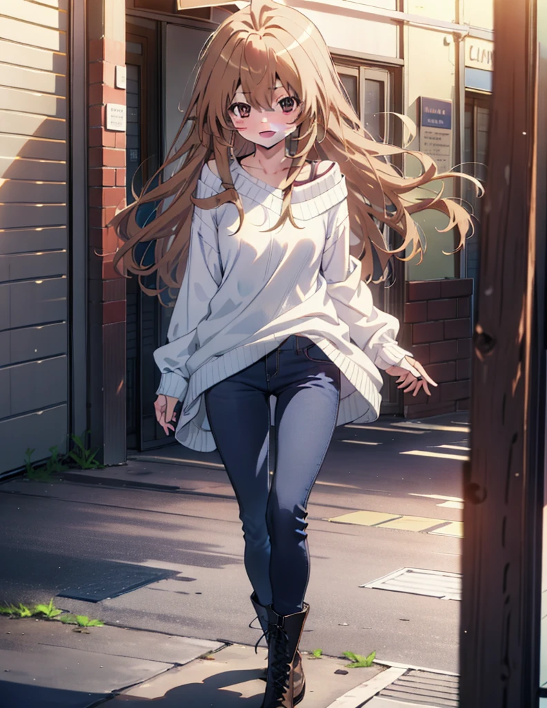 Taiga Aisaka, taiga aisaka, Long Hair, Brown Hair, Brown eyes,happy smile, smile, Open your mouth,One-shoulder sweater,Skinny jeans,short boots,Daytime,Clear skies,Walking,whole bodyがイラストに入るように,
break outdoors, Building district,
break looking at viewer, whole body,
break (masterpiece:1.2), Highest quality, High resolution, unity 8k wallpaper, (shape:0.8), (Beautiful attention to detail:1.6), Highly detailed face, Perfect lighting, Extremely detailed CG, (Perfect hands, Perfect Anatomy),