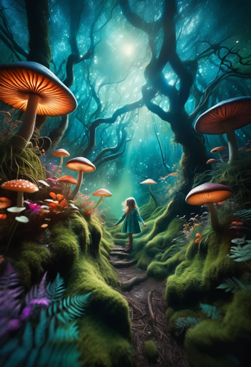 A fantastic and colorful illustration showing a group of children playing and exploring in a magical forest. Trees have unusual shapes and colors, with branches that twist and intertwine, creating an environment full of magic and wonder.

Children run and jump over raised roots, surrounded by bright flowers and luminous mushrooms. Some have stopped to observe small magical creatures that float and flutter around them, like fairies and elves. Others are building shelters with branches and leaves, giving life to your dreams.

The color palette is vibrant and saturated, with intense shades of green, blue, purple, orange and pink that give the scene an ethereal and dreamlike appearance. The lighting is warm and diffuse, creating an enchanted and welcoming atmosphere.

Focus on capturing joy, the curiosity and overflowing imagination of children as they interact with this fantastic world. that every detail, from the textures of the vegetation to the expressions on the faces, convey a sense of wonder and unlimited possibilities."

It&#39;s prompt, I have tried to provide clear instructions on:

The magical and fantastic environment of the forest The activities and emotions of the children The use of a vibrant and warm color palette The lighting and the immersive atmosphere