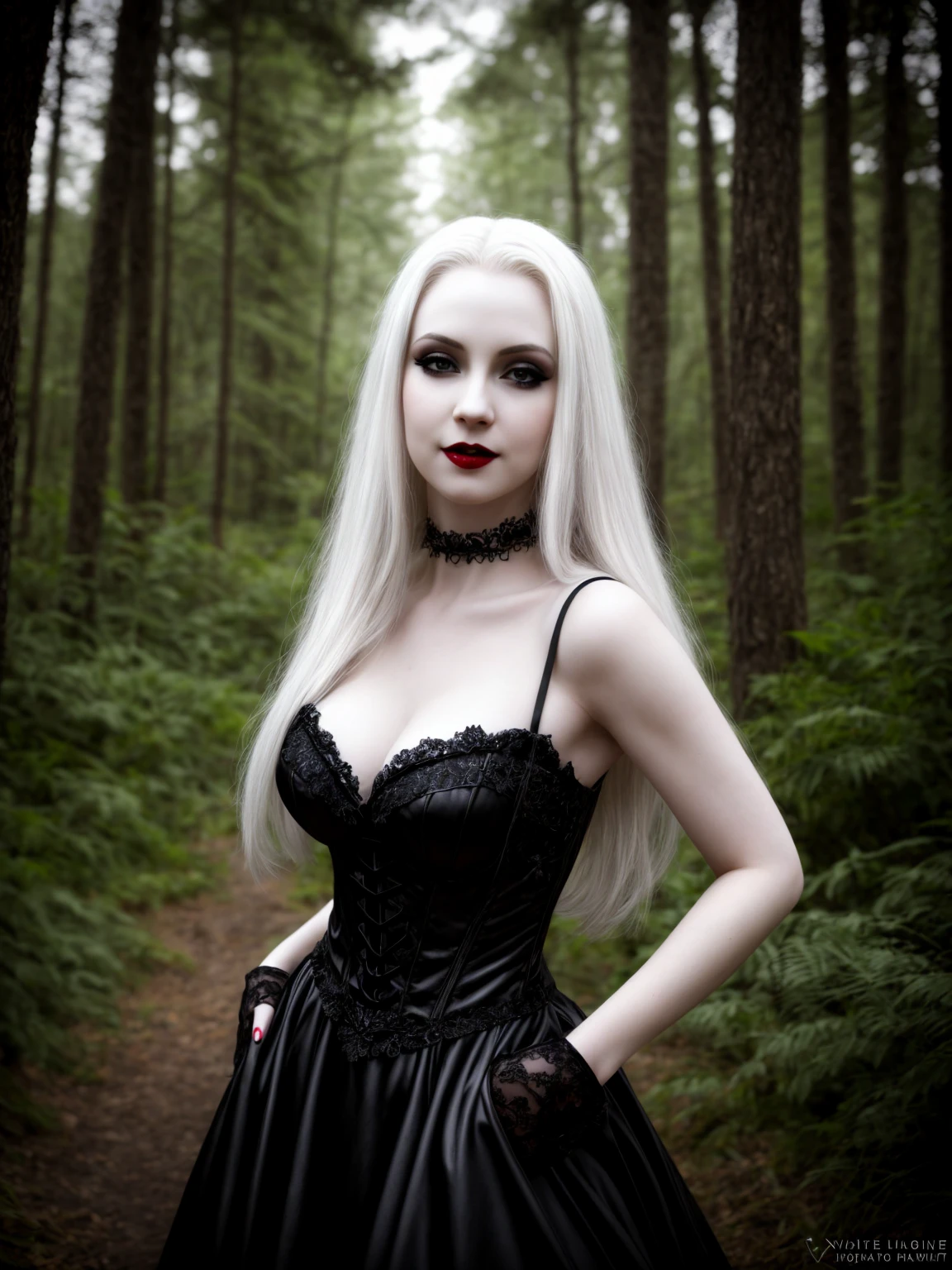 female sexy vampire|albino, pale porcelain skin, sexy vintage black dress, smile, shallow depth of field, grin|creepy, nightfall, detailed face, night, wide hips, narrow waist, portrait of woman standing, detailed eyes, portrait of woman standing, 8k RAW photo, highest quality, looking at the viewer, best shadow, intricate details, long hair, bright eyes, forest, grave, gothic, goth detailed, highres, high qualilty, high saturation