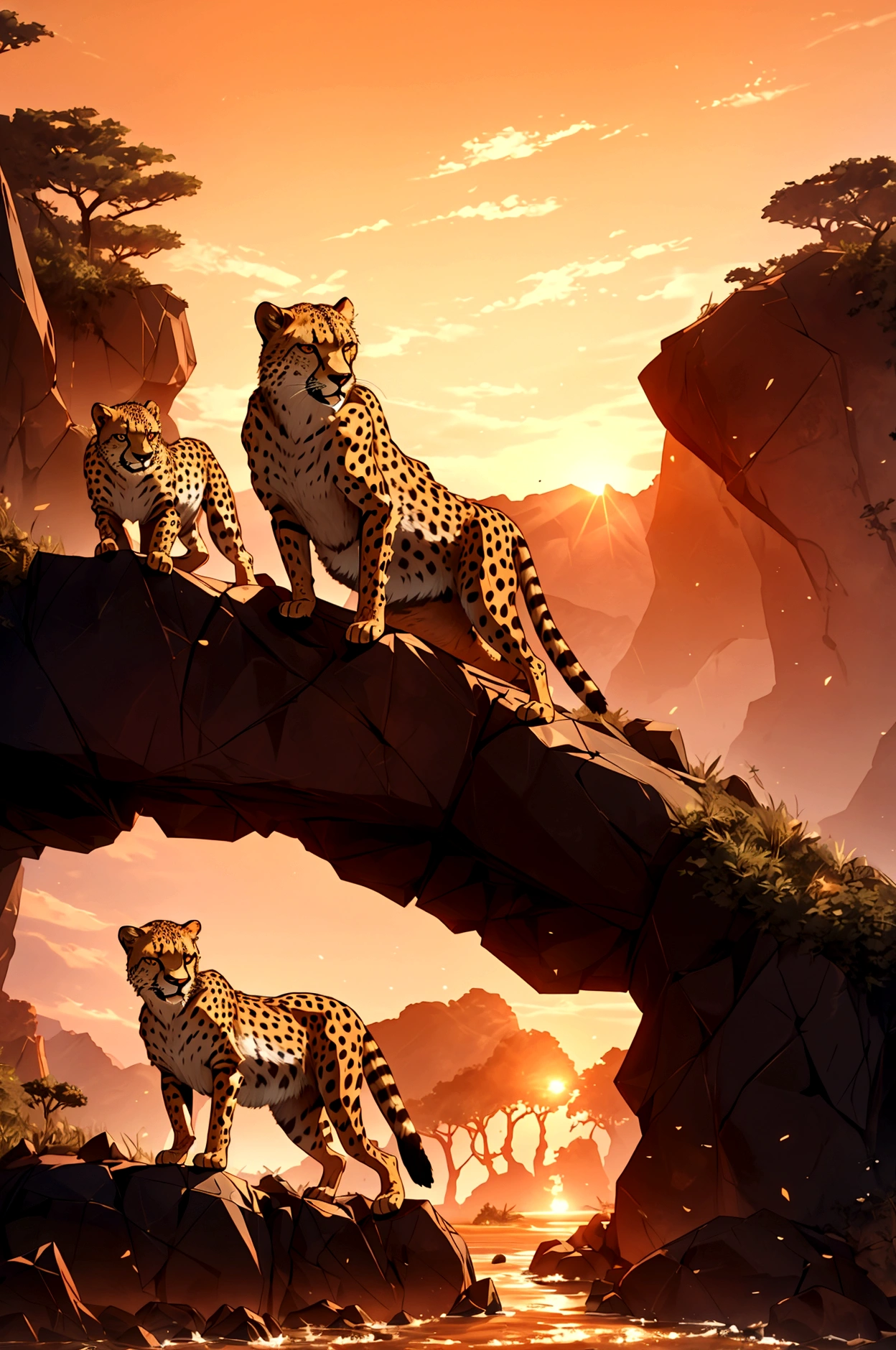 a Cheetah on the rocks, sunsets, safaris, the wild world, hyperrealism, photorealistic, 8k, unreal engine