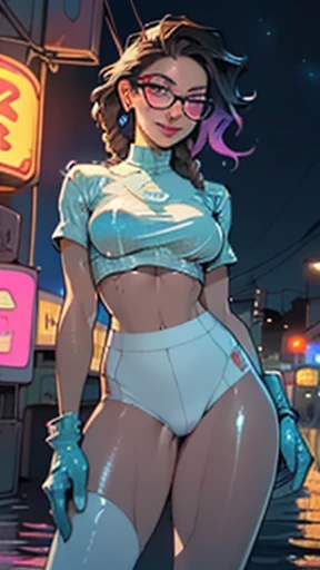 girl dancing,(((1girl))),((girl with extremely cute and beautiful hair)),
(large breasts:1.4),(((brown hair:1.35,braids))),(((eyes_blue:1.3))),intricate eyes,beautiful detailed eyes,symmetrical eyes,((fat)),((((lustrous skin:1.5,bright skin: 1.5,shiny skin,very shiny skin,shiny body,plastic glitter skin,exaggerated shiny skin,shiny skin like ebony,illuminated skin,wet legs))),(spider lower abdomen,narrow waist,wide hip,athletic body,inflated legs, thick thighs,detailed body,(detailed face), toned abs),
cute,slutty,seductive,erotic,(nsfw),
cargo pants,revealing clothing,show skin,((underpants strap)),(((glasses))),((wet clothes,intricate outfit,intricate clothes)),
(dynamic pose:1.0),((happy)),(centered,scale to fit dimensions,Rule of thirds),
cyberpunk city by the ocean at night, with bright neon signs and dark stormy clouds and puddles, scenery:1.25,nighttime, starry night, cosmos,Very dark night that makes the neon lights stand out, very bright neon lights,nighttime, starry night, cosmos,
artistic photography,(photography taken by sldr),highres, sharp focus,(ultra detailed, extremely detailed), (photorealistic artwork:1.37),(extremely detailed CG unity 8k wallpaper),((synthwave background theme)),(((vibrant colors))),intricate,(intricate background),(masterpiece),(best quality),perfect rendered face,perfect face details,realistic face,photo realistic,analog style,((intricate detail)),(((realism))),