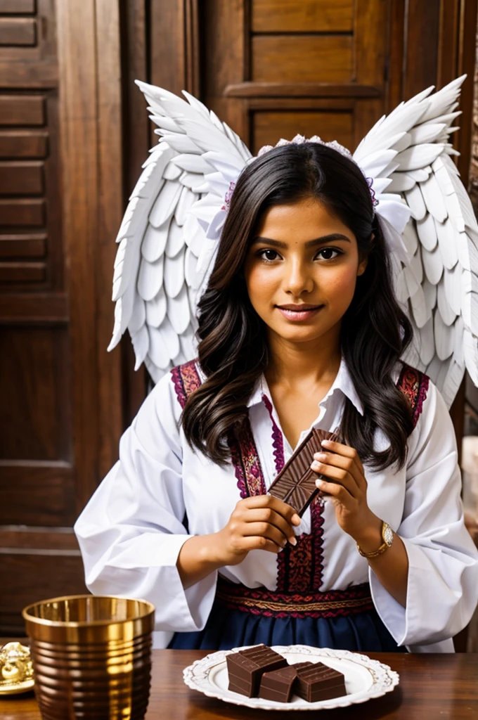 Angel dressed as an Oaxacan eating chocolate 