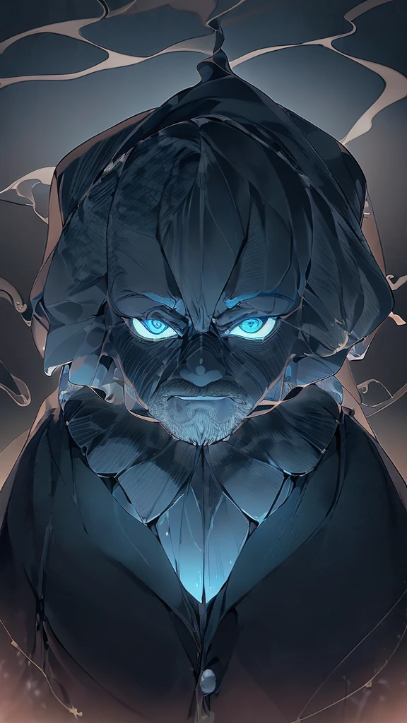  ((((Origami artist, High-quality, Ultrahigh resolution)))), 1man, old, standing, (((doll shoulders, doll neck, (segmented body))), [aquatic skin texture], long grey beard, large ship captain hat,i, ((blue eyes, glowing eyes)), ((amazing facial details, beautiful textured beard, detailed eyes:0.9)), center, (medium shot), somewhat mysterious, enchanting, ((underwater cave, coral, beautiful colors, glowing sea creatures:0.8)), medium build, gazing into the distance, hand on long cane, ((lined eyes, expressive), ((exotic style)), 50 years old, sideways glance,  calm, old sea captain, ((silhouette in action), (smoke effect))), masterpiece, high quality