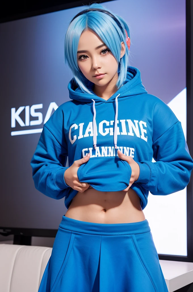 Create a logo with Anime girl character wearing blue hoodie and blue skirt with text KIAN GAMING 