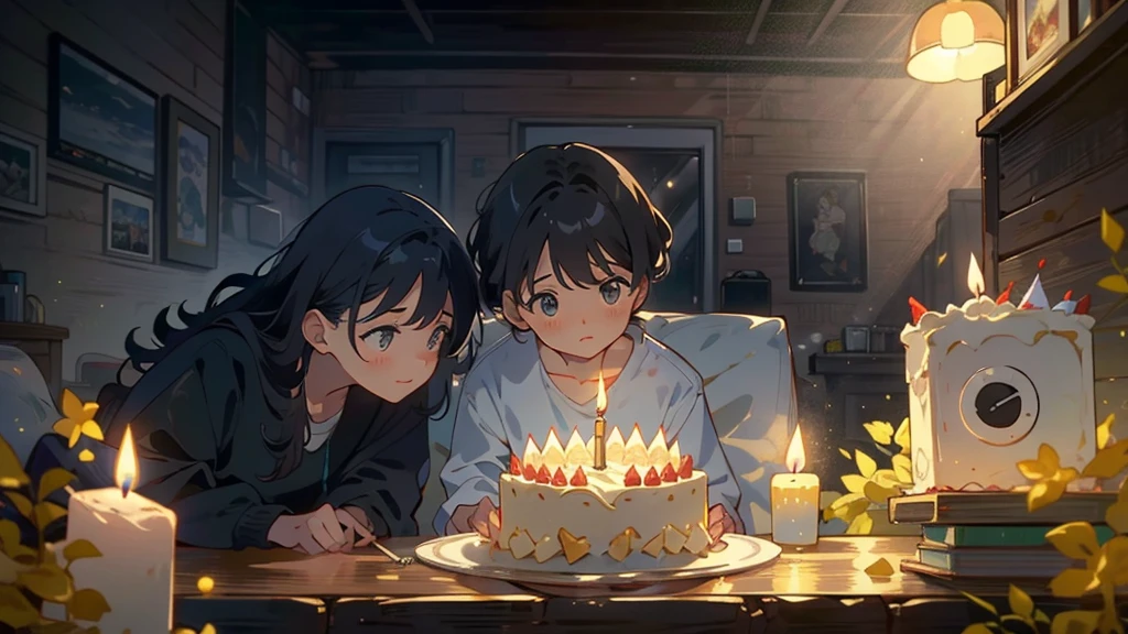 Dark apartment, small birthday cake on old wooden table, modern apartment, alarm clock on the wall,anime scene.(((Upward shot))),(((No humans)))