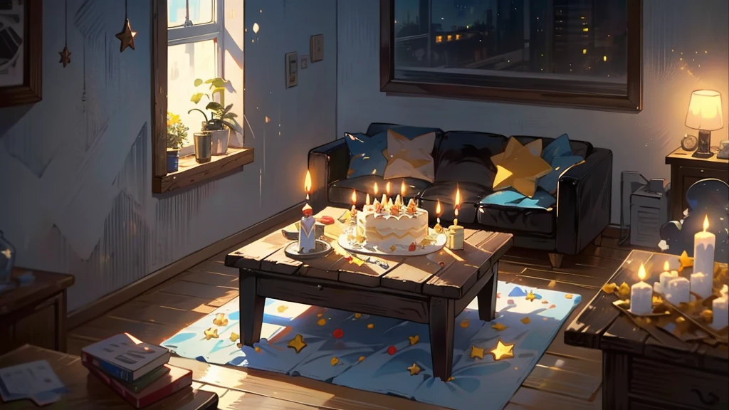 Dark apartment, small birthday cake on old wooden table, modern apartment, alarm clock on the wall,anime scene.(((Upward shot))),(((No humans)))