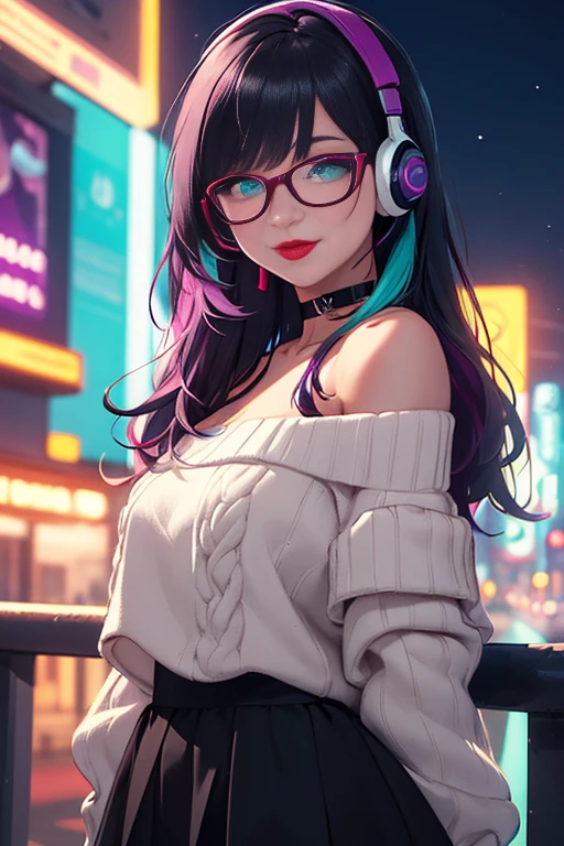 (Best quality, Ultra detailed, Masterpiece:1.2), 1girl, perfect face, female, gamer girl, (aqua eyes), (cherry-red lips), light smile, long black hair, purple streaked hair, purple highlights, bangs, choker, nerdy glasses, wearing headphones, white off-shoulder sweater, black skirt, nighttime, neon lights in the background, colorful lights