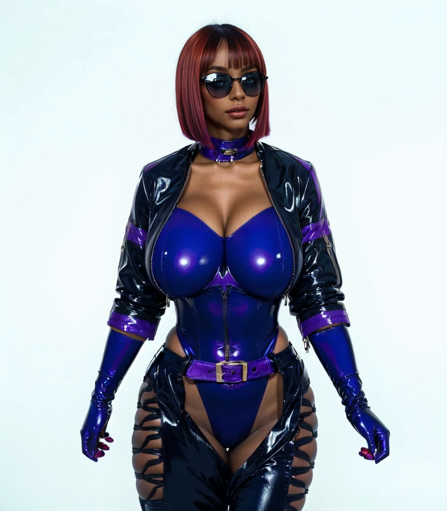 afro american women,dark skin,red brown Bob Haircut, purple sunglasses,black leahter crop Jacket, purple latex Leotard. big breast, purple Gloves, black leahter trouserswalking in the subway floor