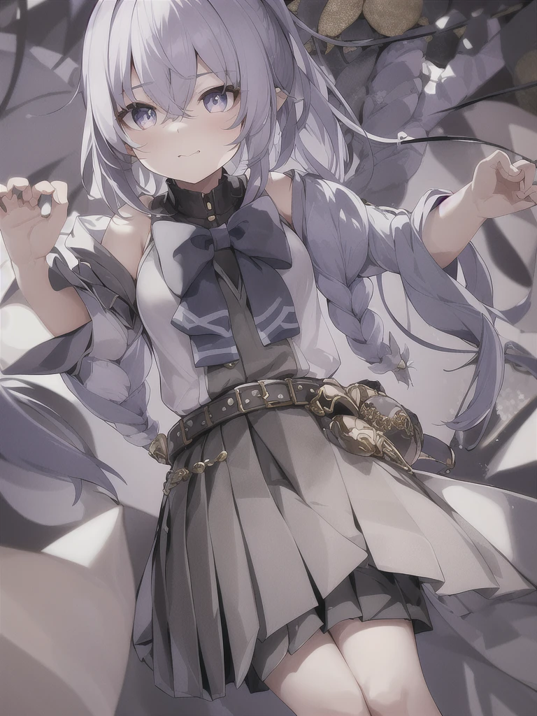 General Details: very detailed, very high resolution, exceptionally high resolution, exceptionally detailed, best quality, 3D artwork, perfect lighting and shading, perfect work, 1 girl, beautiful hands, perfect hands
Not NSFW (Not Safe for Work): (nsfw:-1.5)
Clothing: clothing, (simple dark grey pleated short skirt:1.4), (shiny gold-buckled black leather belt:1.3), (dark blue bow tie:1.2), short sleeves, white shirt, white buttoned shirt
Facial Expression: small smile at the corner of the mouth, very sly eyes
Pose: standing, modeling, looking at the viewer
Character Traits: slender, kawaii, perfectly symmetrical face, soft pinkish cheeks, super cute girl, super cute face, exceptionally detailed eyes, exceptionally detailed hair, extremely cute, extremely beautiful
Background: stargazing field, night, dark, deep depth of field, exceptionally detailed background
Additional Physical Traits: large B-cup breasts, wide hips, large thighs, beautiful long legs, , short
Hairstyle: (ahoge:1.2), (short bob with see-through bangs), one side ponytail on the left, hair between the eyes, pale yellow hair with white tips, bright purple eyes.