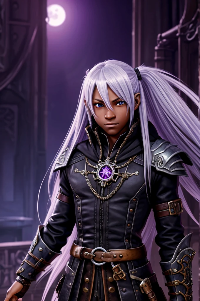 ((best quality)), ((masterpiece)), (detailed), ((boy)), ((mix between dungeonpunk and steampunk)), (serious), fantasy illustration dark skinned, human, upper body, portrait, red eyes, long white hair, wearing armor, Xemnas from Kingdom Hearts, half-drow, pointy ears, serious face, dramatic lighting, purple hue, art by Kinema Citrus and Tetsuya Nomura